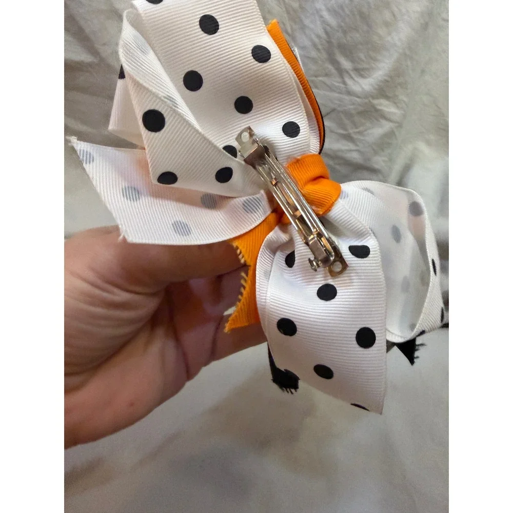Halloween Boutique Hair Bow Orange Black White Pumpkin Feather Alligator Clip